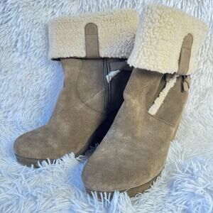 Nine West Brown Suede Sherpa Platform Boots - Size 9 - Boho Chic Winter Style